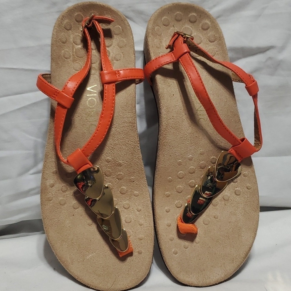 Vionic gold and orange leather stacked coin sandals Miami